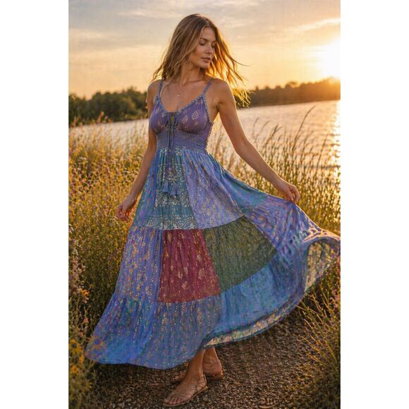 ananta Dresses & Skirts - Blue Patchwork Maxi Sundress Gold Metallic Boho, Flowy Artisan Dress